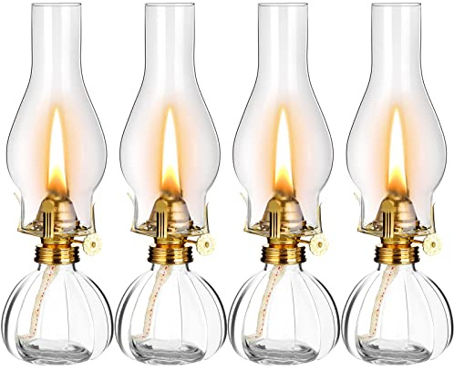 4 Pcs Large Oil Lamps for Indoor Use Vintage Glass Kerosene Lantern Clear Kerosene Lamp Chamber Hurricane Antique Oil Lantern with Adjustable Fire Wick for Home Lighting Tabletop Decor, 11 Inch
