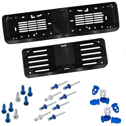Virsus Kit Portatarga Anteriore e Posteriore per auto con Bande 0650-0651, supporto universale nero in Polipropilene, Facile installazione, per targhe Europee, 8 Viti, 8 Rivetti e 8 Bottoni