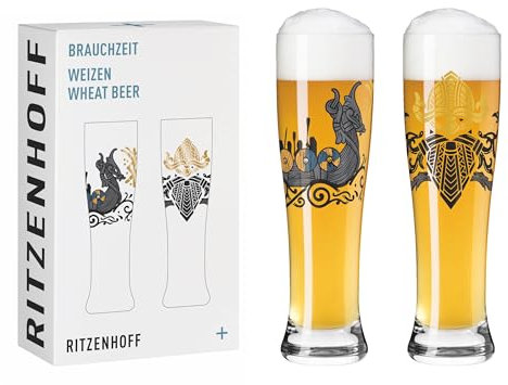 RITZENHOFF 3481010 Weizenbierglas 500 ml - 2er Set - Serie Brauchzeit - Runen Motiv, Gold und Schwarz - Made in Germany