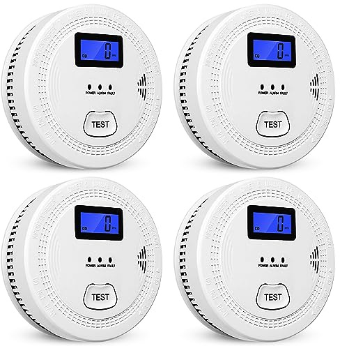 4-Pack,Smoke and Carbon Monoxide Detector,2 in 1 CO & Smoke Alarm,Carbon Monoxide Detectors,Smoke Detector,85dB in Alarm,LCD Screen,Easy to Install