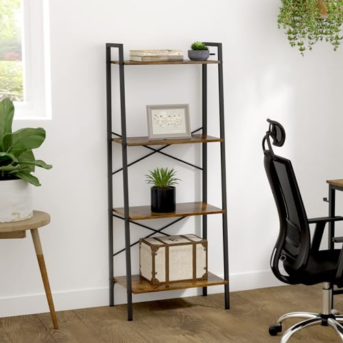 Oak & Tea Ladder Shelf, 4-Tier Industrial Ladder Bookcase, Ladder Bookshelf Bookcase for Living Room, Office, Rustic Brown and Black, 56X32x150cm