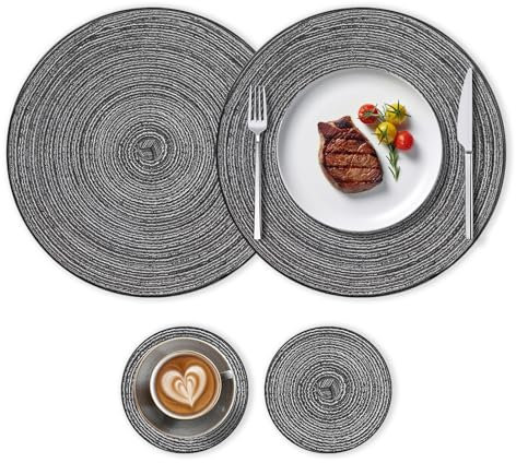 THKO Manteles Individuales y Posavasos Redondos, Gris Juego de 4-2 Salvamanteles Grandes 30cm y 2 Coasters 11cm Manteles Individuales Tela Lavables Antideslizantes Resistentes al Calo