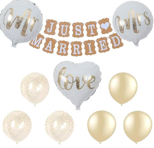 Hochzeitsdeko Set, Just Married Girlande Banner mit 9 Ballons, Mr und Mrs Heliumballons, Konfetti Luftballons für Hochzeit Dekoration, Brautdusche
