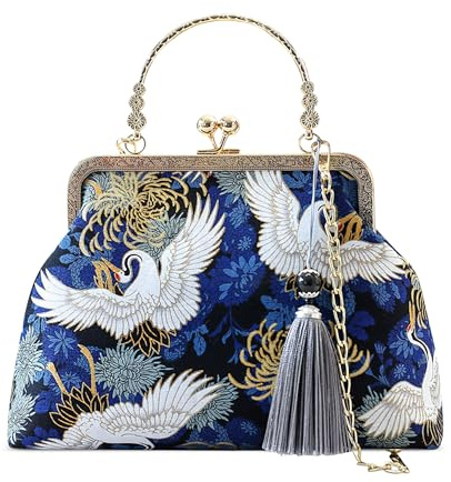 DEEVORCA Bolsos de Mano Para Mujer Estilo Chino Bolsos Bandolera Para Señora Colgantes de Borlas de Moda Correas de Hombro Extraíbles Bolsos Tote Festival Ocio Citas Impermeable Nylon Azul