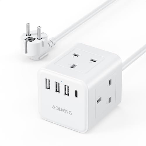 UK to European Plug Adapter with 1.5M Extension Cable, Aodeng 4 Way Travel Extension Lead with 4 USB Compact Type E/F Travel Adapter for Germany France Spain Poland Greece Netherlands etc.