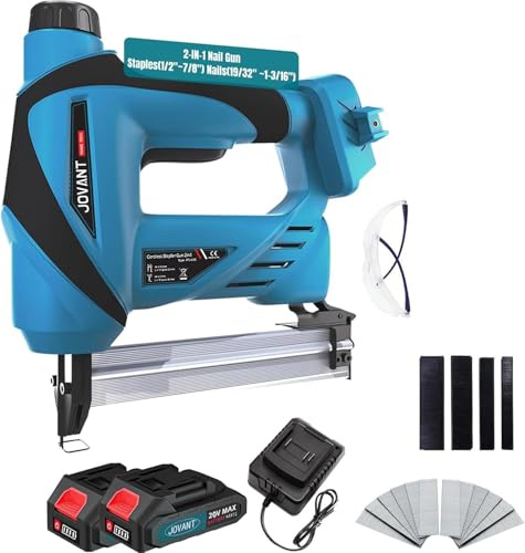 Battery Powered, with 2 * 2.0Ah Li-ion Battery, 20V 2 in 1 Electric Nail Gun, Battery Nail Gun for Upholstery, Small Projects and Woodworking
