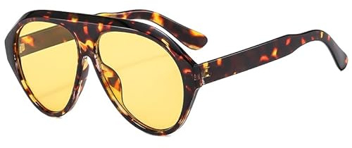 Long Keeper Gafas De Sol Hombre Mujer Retro Gafas De Sol De Forma Ovalada Con Montura Grande Para piloto UV400 (Amarillo Leopardo)