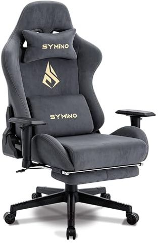 Symino Silla Gaming Ergonómica Reclinable con Reposapiés Ajustable, Soporte Lumbar y Reposacabezas Regulable, Altura Ajustable para Adultos hasta 200kg (Gamuza Artificial,Grey)
