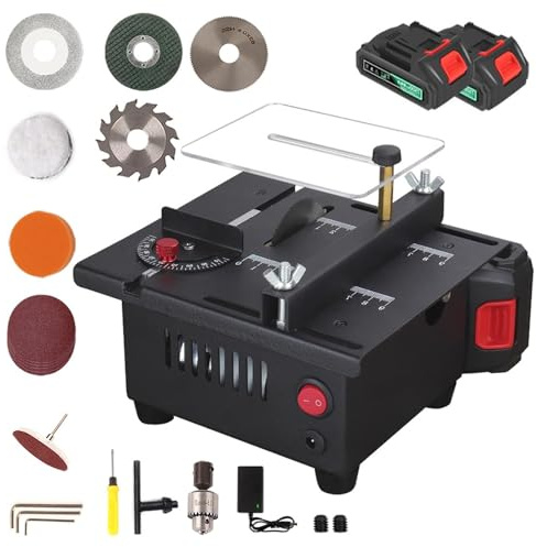 STWBHW Table Saw,Cordless Mini Electric Table Saw,15000r/min Multi Electric Metal Chop Bench Saws to Cut Wood,Angle Adjustable 16MM Cutting Depth,for Pcb Board,Thin Wood Board,Battery*2