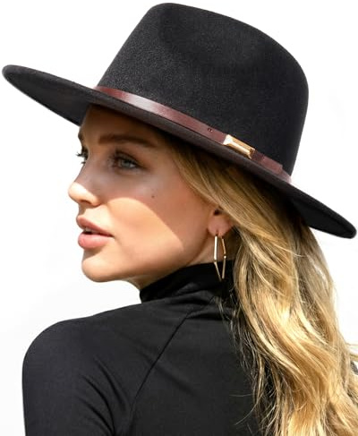 FURTALK Fedora Hats for Men Women Wide Brim Felt Panama Dress Hat with Belt Buckle Adjustable Size 7-7 3/8, Black