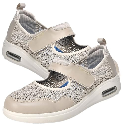 AZMAHT Zapatillas Ortopedicas Mujer Zapatos para Juanetes Ancho Especial Especiales de Zapato Ortopedico Pies Hinchados X-Ancho Ajustable Turgente Pantufla Salud cómodo,Beige,39 EU