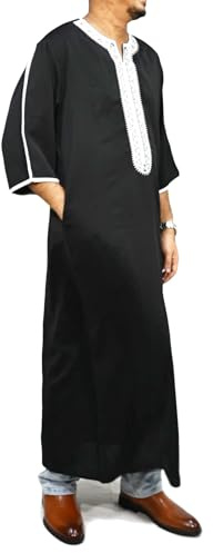 Musuly Kaftan Lungo Con Ricamo Bianco, Taglio Dritto E Maniche Larghe A Metà Braccio (Bianco e Nero, XL)