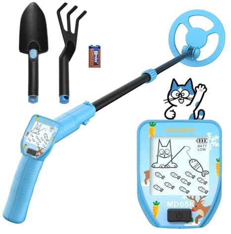 Raddy MD65K Metalldetektor Kinder mit LCD-Display, Verstellbarer und Leichter Metalldetektor für die Schatzsuche, IPX7 wasserdicht 6,5 Suchspule, Schaufel Rechen, für Kinder & Familie, Blau