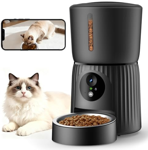 Faroro Distributore Automatico Cibo Gatti con Telecamera, Video HD 1080P, Visione Notturna, Audio Bidirezionale, Dispenser 4L, Angolo Telecamera Regolabile, Sensore Anti-Blocco, APP, Wi-Fi 5GHz
