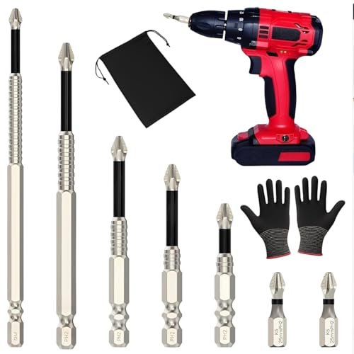 7-Piece Magnetic Screwdriver Bit Set with Anti-Slip Design, 25mm to 150mm Bits, Black Gloves and Storage Bag, Compatible with Electric Drills, Ideal for DIY and Professional Use