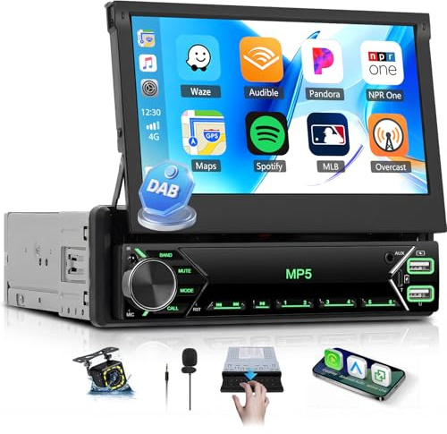 SIXTOP Dab+ 1 Din Autoradio Bluetooth avec CarPlay & Android Auto sans Fil, 7 Pouce Écran Tirable Autoradio 1 Din avec EQ, FM, Type-C/USB/AUX MirrorLink SWC Caméra de Recul