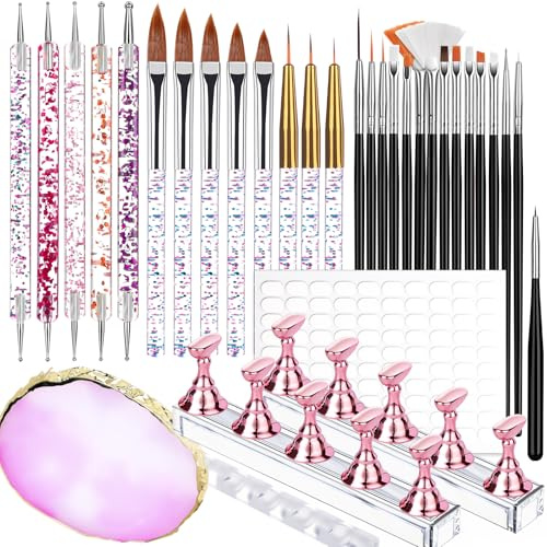 Teenitor Ensemble d'outils de nail art, 23 pinceaux pour nail art, 5 outils de pointillage, 2 ensembles de supports à ongles, 100 onglets adhésifs double face, palette de nail art, support de pinceaux