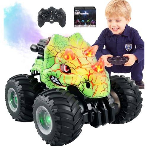 BEZGAR Monster Truck Toys, 1:18 Remote Control Monster Truck, Green | with Water Spray & Dancing Spins, 4WD RC Truck for Boys, RC Cars with 2 Batteries, Toys for 6+ Year Old Boys
