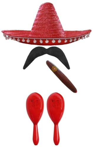 MEXIKANSK FANCY TILLBEHÖR SET. MEXIKANSK SOMBRERO + MARACAS + TASH. Perfekt för MEXIKANSKA FANCY KLÄNNINGSKLÄNNINGAR SENORITA BANDIT MARIACHI (RÖD POM POM SOMBRERO + 2X RED MARACAS)