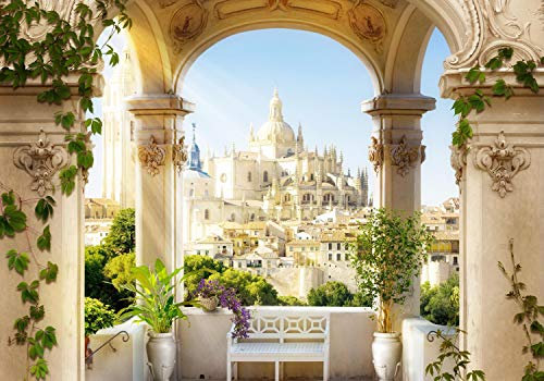 wandmotiv24 Photo murale Colonnes vue sur la ville avec terrasse S 200 x 140cm - 4 pièces photo, papier peint non tissé Vieille ville, grès, vue M1094