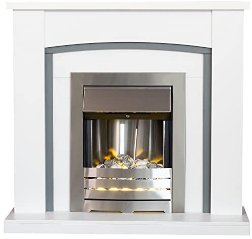 Adam Chilton Fireplace in Pure White & Grey with Helios Electric Fire in Brushed Steel, 39 Inch