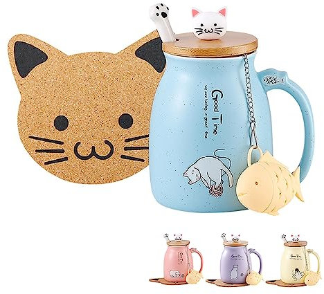 Katzen-Tasse, niedliche Keramik-Kaffeetasse mit schönem Kätzchen-Deckel, Katzenpfotenlöffel, Kawaii-Untersetzer, lustige Morgen-Tasse, Tee, Milch, Weihnachts-Tasse, 380 ml