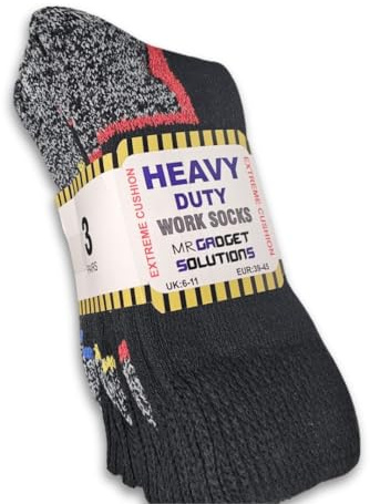 Mr. Gadget Solution® Heavy Duty Work Socks 3 Pairs of Men’s Robust Steel Toe Boot Sock Extra Thick with Enhanced Padding for Comfort UK 6-11