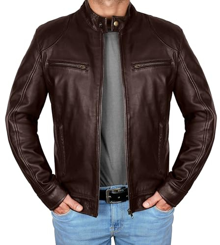 Chaqueta de cuero para motocicleta para hombre, ajuste delgado, estilo desgastado, moda atemporal para hombre, con detalles acolchados de diamante, Piel auténtica marrón, XL