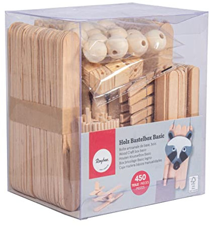 Rayher Bastelbox mit 450 Holzteilen, FSC zertifiziert, Stäbe, Perlen, Würfel, Klammern, diverse Formen und Größen, für kreative Bastelobjekte, PVC Box 135x110x160 mm, 69262505