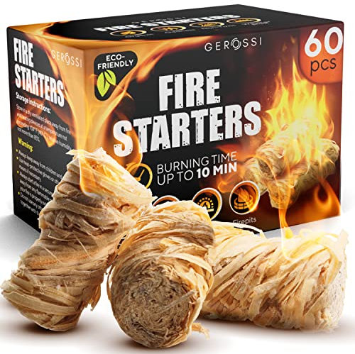 Lot de 60 allume-feu en pin naturel pour cheminée, feux de camp, grill, poêle à bois et granulés, cheminée, foyer, barbecue, fumoir – Allume-feu avec 10 minutes de combustion – Allume-feu tous temps