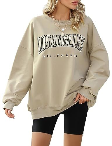Xnova Felpa Donna Girocollo Felpa Oversize Donna Casual Maniche Lunghe con Stampa Lettera Los Angeles Sweatshirt Pullover Crop Top, Albicocca, M