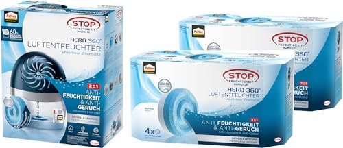 Pattex AERO 360º Luftentfeuchter, ultra-absorbierender Raumentfeuchter, hilft Kondenswasser, Schimmel und Modergeruch zu vermeiden, nachfüllbarer Raumluftentfeuchter, 1 Gerät inkl. 9 x Neutral Tabs