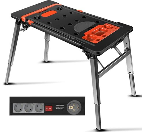 Vertak 7 en 1 Banco de Trabajo Plegable Todo en uno con regleta de enchufes integrada, Chimenea y Espacio de Trabajo para Bricolaje y Mesa de Trabajo para Bricolaje 150-250 kgs