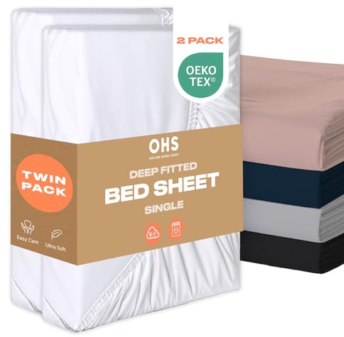 Brentfords Single Fitted Sheets 2 Pack, Single Deep Fitted Sheet Bed Cover Easy Care Fade Resistant Ultra Soft Bedding Linen Microfibre Fitted single sheet Bed, White