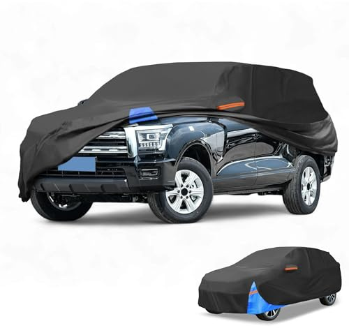 Partuto Universellt fullt yttre SUV bilöverdrag vattentätt alla väder utomhus heltäckande regn sol UV-skydd 190T polyester svart blå passform för SUV-längd 190 tum till 200 tum