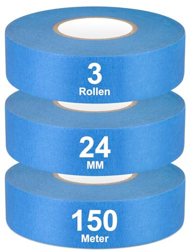 iuqiepo 3 Rollen Blaues Kreppband, Abklebeband Maler, 24 mm x 50 m Malerkrepp, Wasserfest, Hochtemperaturbeständig, UV-Beständig, Abklebeband
