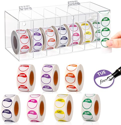 3500 PCS 7 Days of The Week Stickers 0.79 Inch Sticker Roll Dispenser Holder Acrylic Day Dot Dispenser Food Date Labels Stickers Monday to Sunday for Kitchen Restaurant Expiration Date