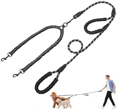 Tivray Double Dog Leash, Dual Dog Leash, 360° Swivel No Tangle Lead for 2 Medium or Large Breeds with Sponge Padded Handles, Heavy Duty Shock Absorbing Bungee for Walking Jogging Hiking, Black