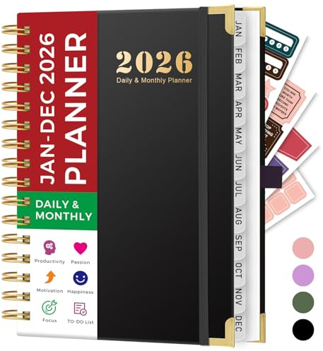 Agenda 2026, agenda A5 día por página, enero a diciembre de 2026, agenda diaria y mensual con soporte para bolígrafo, pestañas de 12 meses, 4 calcomanías de planificación, bolsillo interior