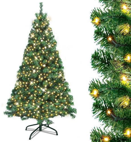 UISEBRT Albero di Natale artificiale con illuminazione, effetto neve – Albero di Natale a LED con supporto metallico luminoso, albero di Natale in PVC per Natale (verde tradizionale, 240 cm)