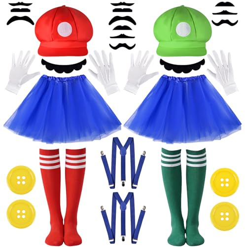 Disfraz de cosplay para mujer, juego de 2 disfraz de pareja para adultos, roja/verde, gorro, barba, guantes, tirantes y botones, accesorios divertidos para carnaval