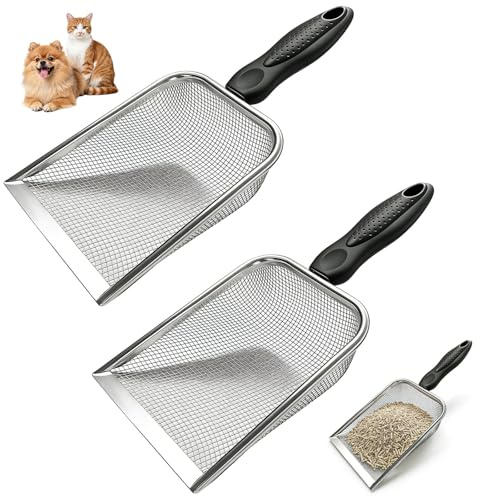 chuanhylis Pelle à Sable pour Reptiles, Pelle à Litière pour Chat, Tamis à Sable en Acier Inoxydable, Taille des Pores de 2mm avec Manche pour Terrariums, Hamsters, Oiseaux (2)