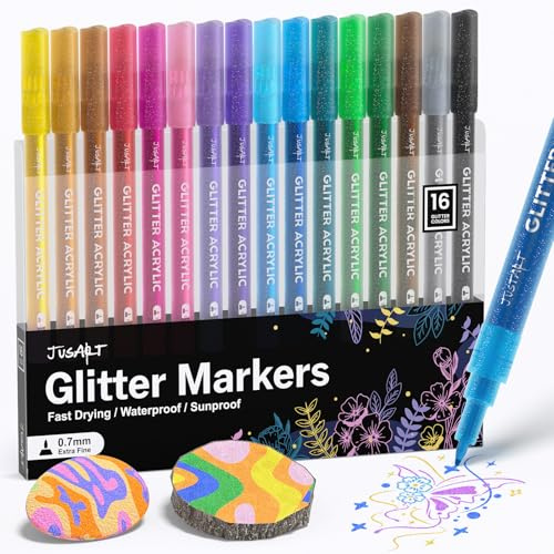 JusArt 16 Colors Paint Pens for Glass Marking, Glitter Paint Pens for Rock Painting, Ceramic, Wood, Fabric, Sparkly Shiny Markers for DIY Crafts, Scrapbooking, Card Making Supplies 0.7mm Fine Tip
