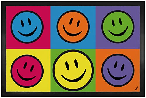 1art1 Emoticons Smiley, Colour Blocking, Warhol Style Pop Art Fußmatte Dekomatte Innenbereich | Design Türmatte 60x40 cm