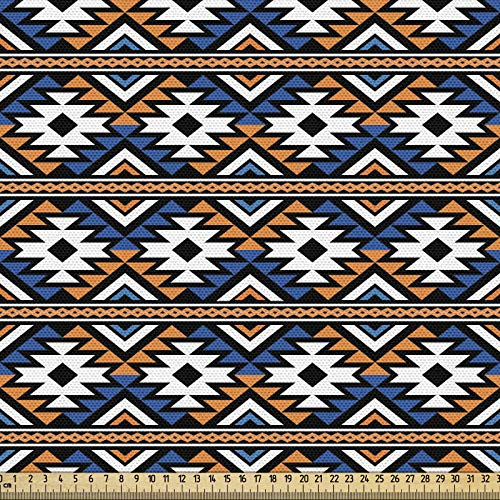 ABAKUHAUS Boho Tissu au Mètre, Motif géométrique, Tissu en Polyester Décoratif pour Rembourrage et Décoration d'Intérieur, 1M (148x100cm), Orange Bleu Et Blanc
