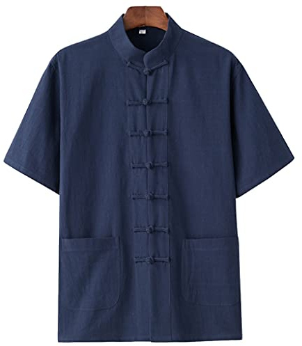 QPZK Loose Linen Short Sleeves Kung Fu Jacket Martial Arts Chinese Tai Chi Clothing cyan-3XL