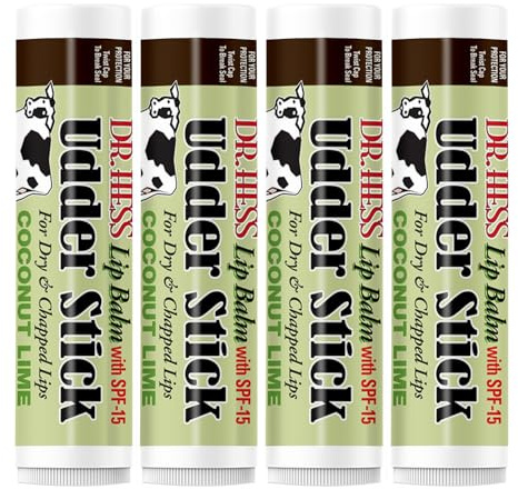Dr. Hess Original Udder Stick SPF Lip Balm, Soothing Moisturizer Sun Screen Balm for Dry Lips with Jojoba, Beeswax & Shea Butter, Total Lip Care, Hydration & Repair, Coconut-Lime Flavor, 4 Pack
