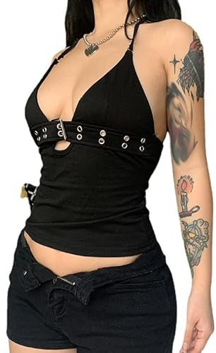 Women Sexy Halter Tank Top Low-Cut Backless Crop Tops Cut Out Mesh Vest Hollow Summer Halter Vest Black Hanging Neck Tank Tops Y2K Bustier Corset with Metal Ring Party Camisole Sleeveless Top Outfit