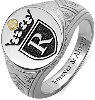 Personalised Initial Engraved Signet Ring with Birthstone 14K Gold Plated Copper 925 Sterling Silver Letter Engraving Ring Thoughtful Father's Day Gift for Dad