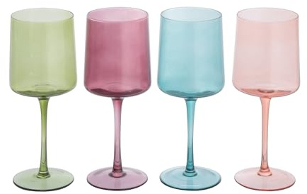 Creative Co-Op Hand Blown Stemmed Wine Glasses, 14 Ounces, 4 Assorted Colors Glassware, Multi